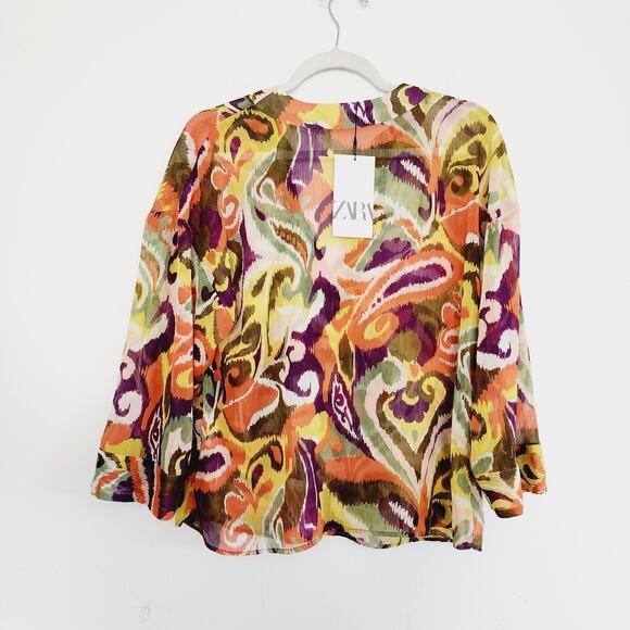 Zara Oversized Colorful V-Neck Long Sleeve Semi-Sheer Top Size XS Yellow Purple - Picture 6 of 9